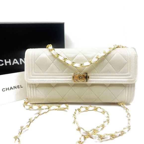 CHANEL CC Boy Caviar Flap Wallet Chain Shoulder Crossbody Ivory Gold Purse - Picture 1 of 16
